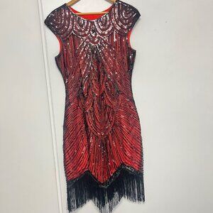 Flapper Red Black Sequin Dress With Fringe Hem Size XL